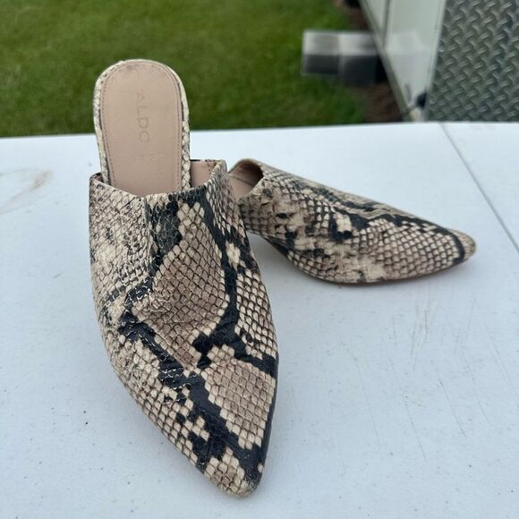 Aldo Black and Tan Mules with Snake Print - Picture 1 of 6